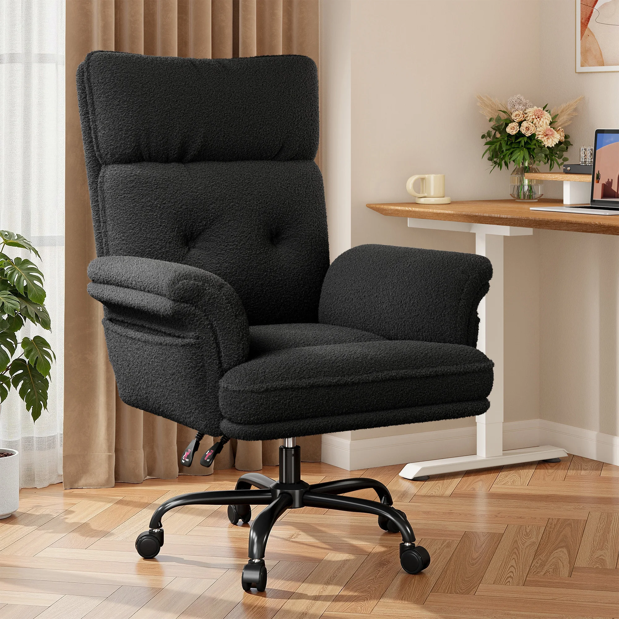 EnHome Fluffy Teddy Plush Office Chair with Flip Armrests, Height Adjustable Swivel Vanity Chair, Cross Legged Ergonomic Desk Chair with Side Pocket and Silent Wheels, Multi-Purpose Computer Chair for Home Bedroom