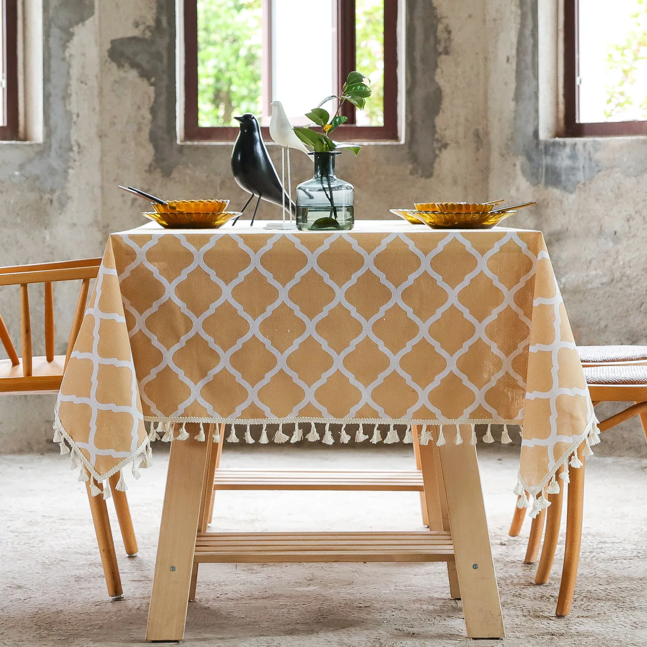 

French European Table Cloth Cotton Linen Tablecloth Plaid Decorative Tassel Lace Jacquard Household Restaurant TV Dust Cover