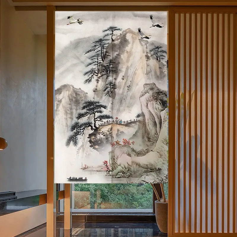 chinese ink landscape noren door curtain traditional mountain pine art crane flying half panel home decor easy to care for