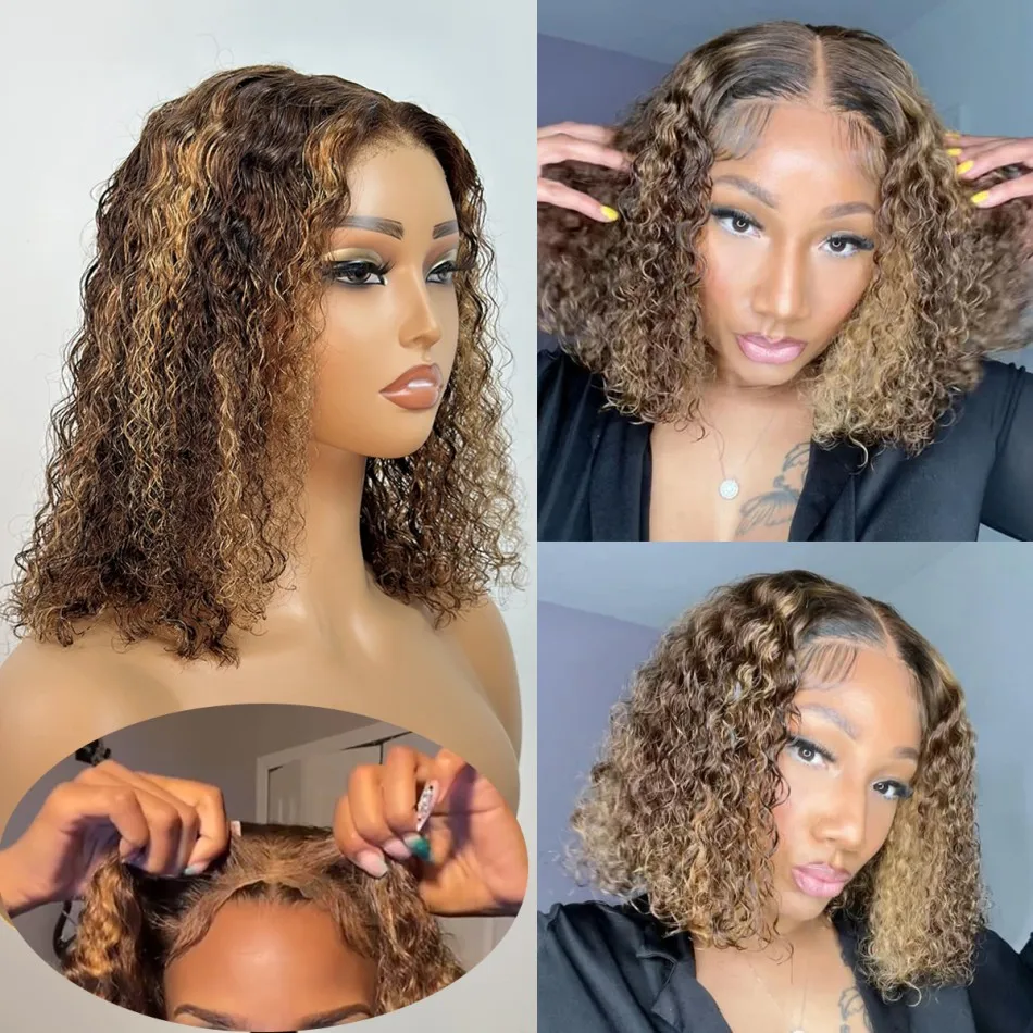 Wear & Go Wig P427 Honey Blonde Curly Human Hair Wig Highlight Wigs Human Hair Bob Glueless Deep Wave 5x5 Hd Lace Closure Wigs