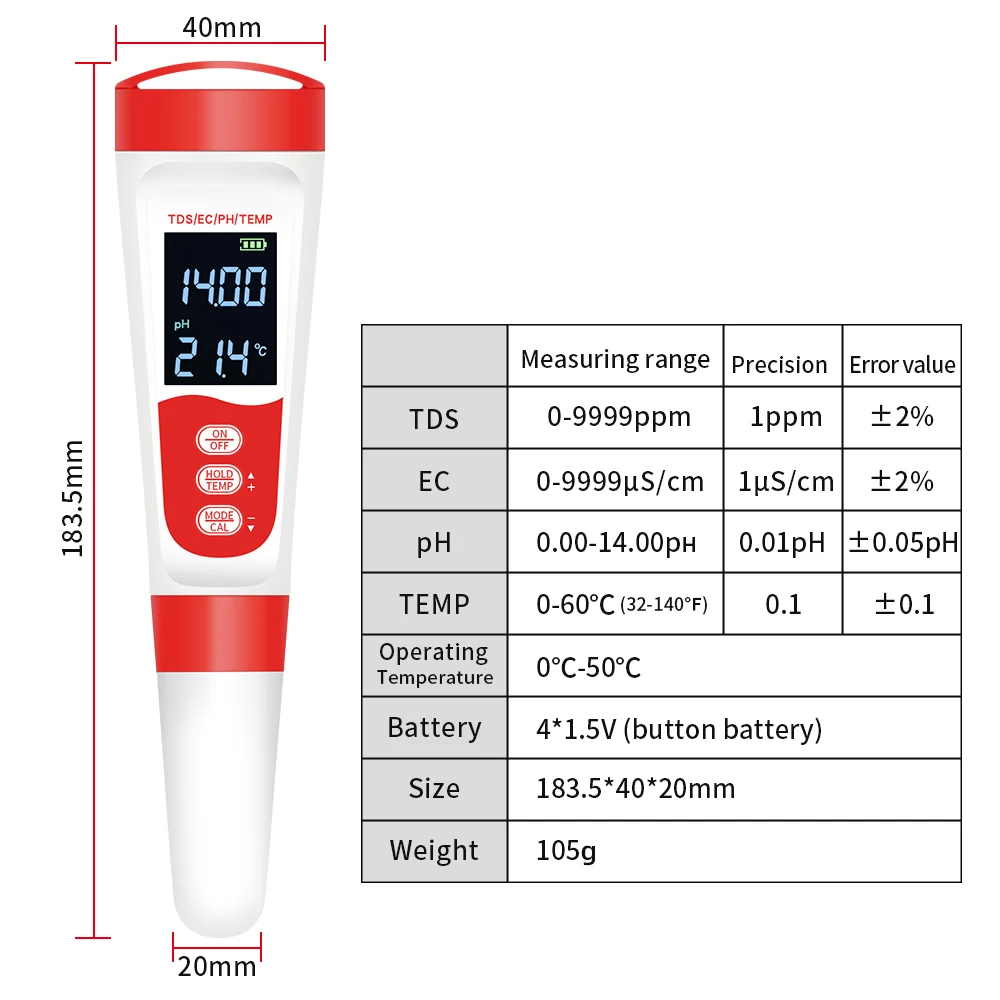 Imagem -06 - Digital Waterproof Água Qualidade Tester Pureza da Água Testing Pen para Piscinas e Aquicultura em ph Temperatura Tds ce ph Medidor
