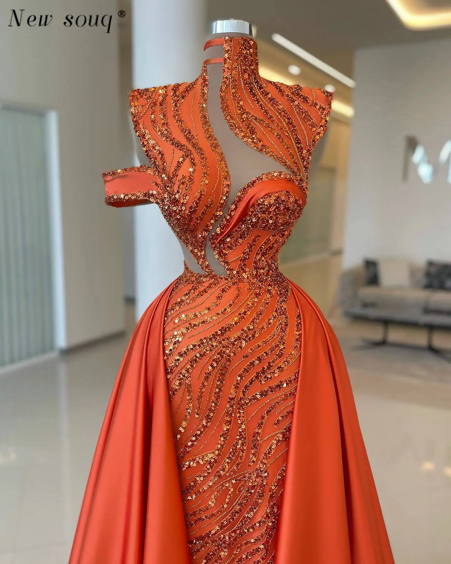 

Dubai Orange High Neck Mermaid Evening Dresses Sparkly Sequined Birthday Party Gowns Women Formal Dress Robes De Soiree