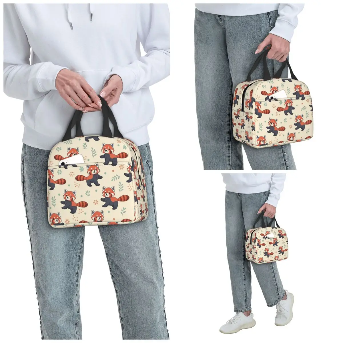 Cute Cartoon Panda Red Raccoon Pattern Insulated Lunch Bag for Kids School Cooler Thermal Food Box Tote Lunch Boxes Container