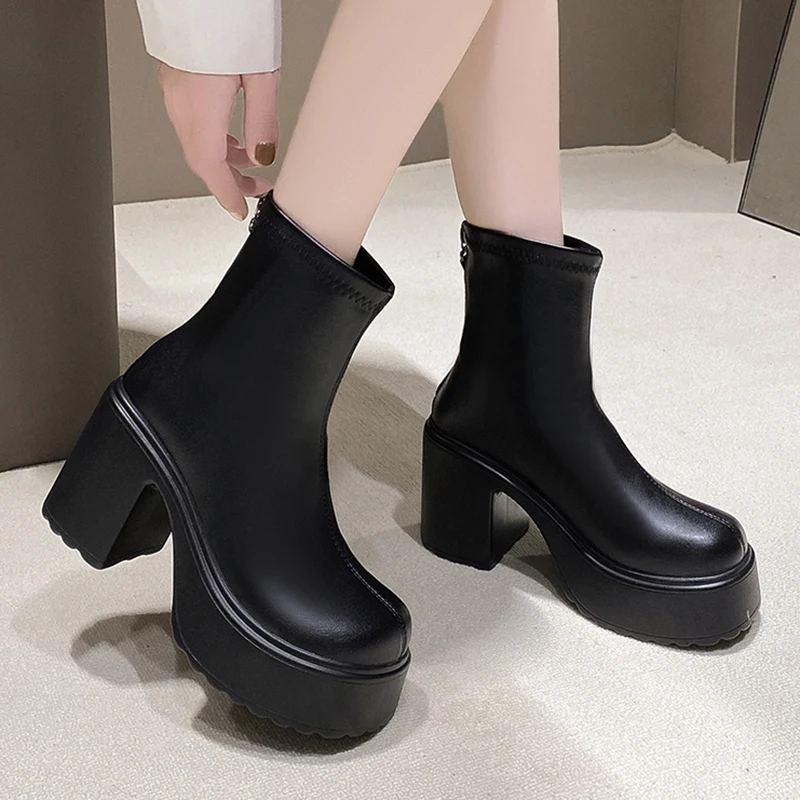 PU Leather Chunky Platform Ankle Boots Women Back Zipper Thick Heeled Short Boots Woman Super High Heels Black Punk Shoes Ladies