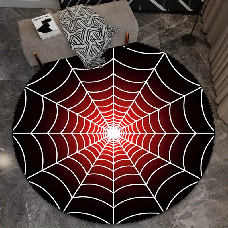 Spider webeffect round rug horror theme living room floor mat red blackdesign anti slip indoor carpet for Halloween or game room