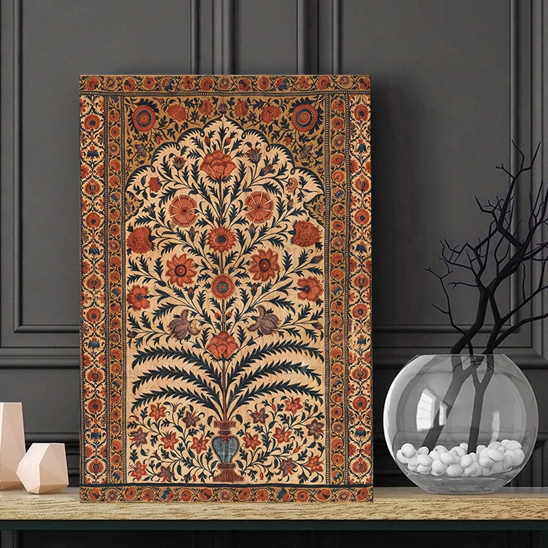 （With Frame) Vintage Indian Tree of Life Canvas Wall Art Antique Floral Tapestry Print Poster Living Room Boho Home Decor