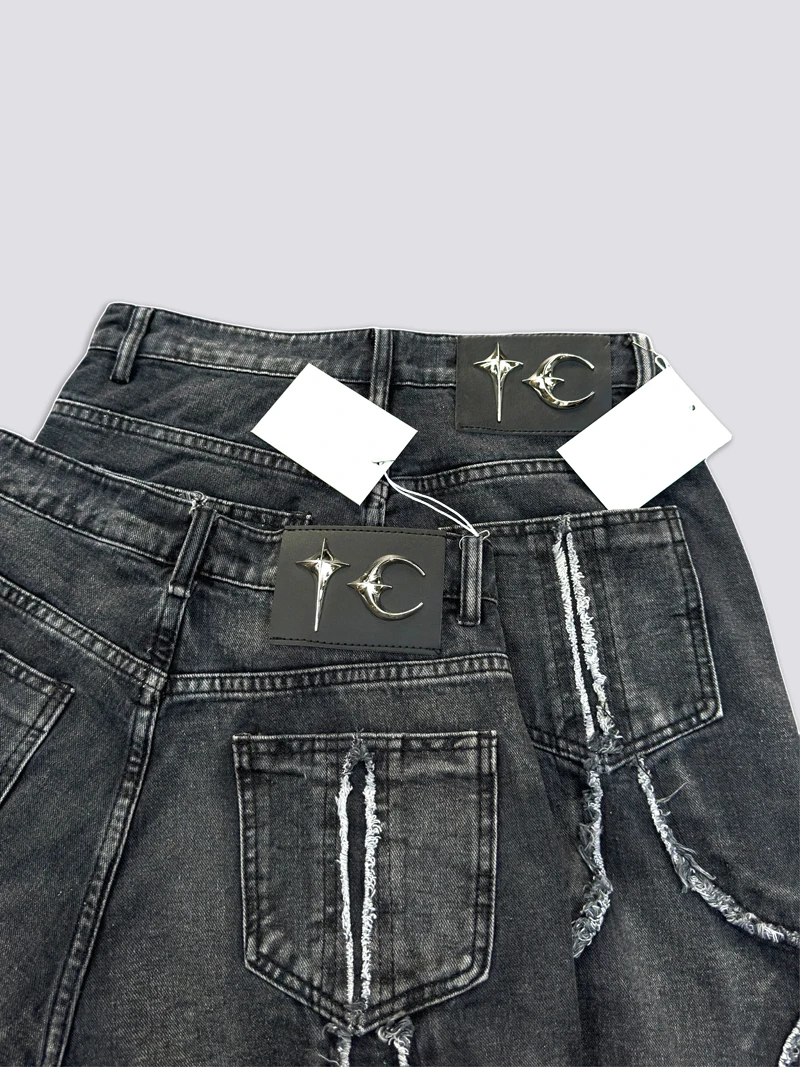 Washed THUG CLUB Embroidery Flame Tassel Jeans Men Women Casual Moon Star Metal Leather Label Loose Straight Cowboy Denim Pants
