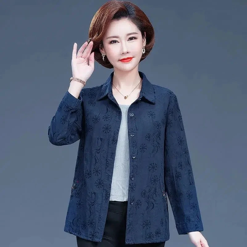 Middle-Aged Elderly Women's Cotton Shirt 2025 Spring Autumn New Coat Mom Grandma Long Sleeve Blouse Large Size 5XL Tops Female