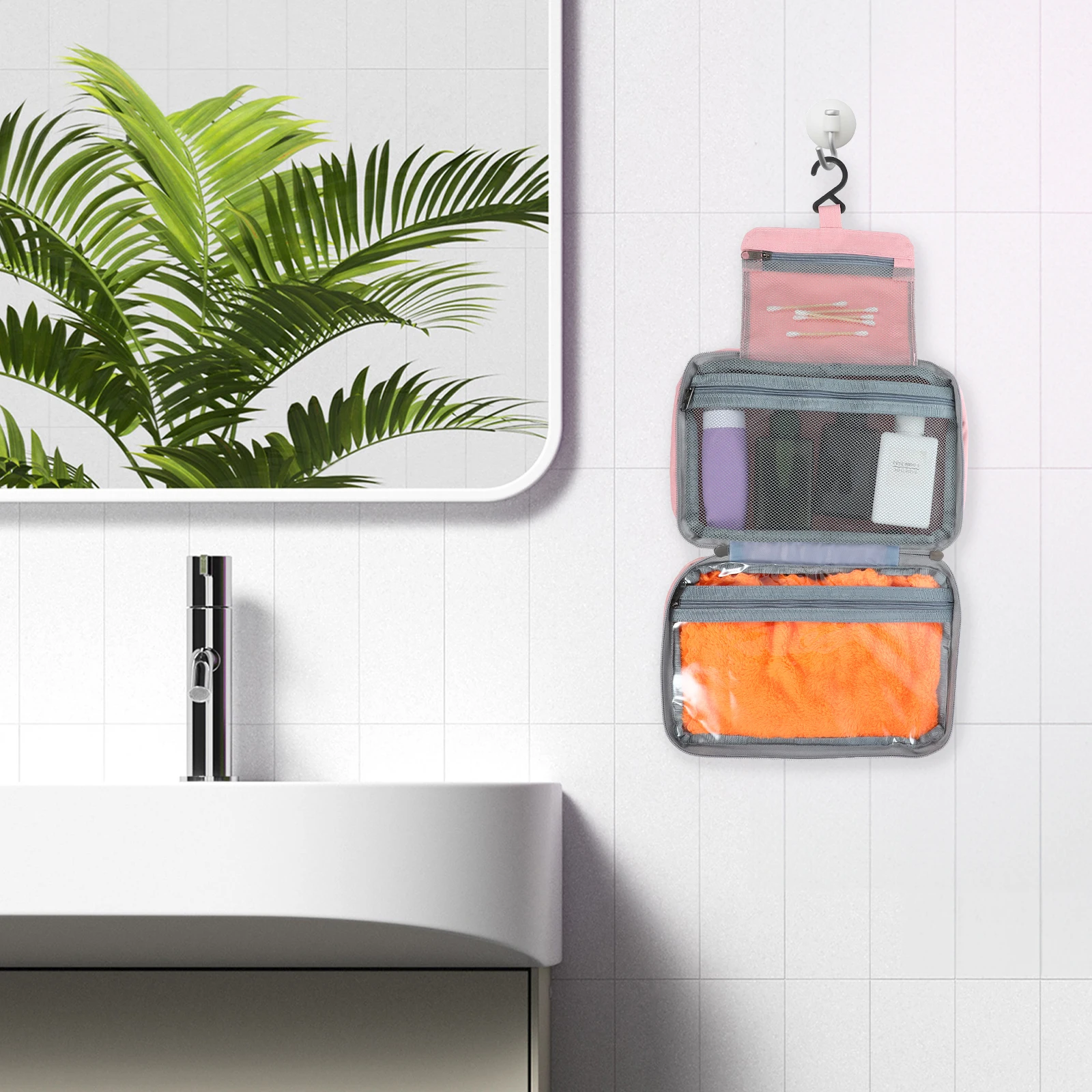 

Розовая складная сумка для туалетных принадлежностей, 3-секционный дорожный органайзер для макияжа, портативное решение для хранения косметики