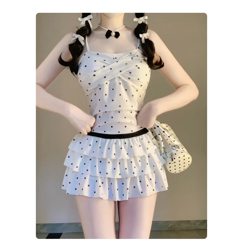 Sweet Polka Dot Spaghetti Strap Piece Swimsuit with Tiered Ruffle Skirt Bow Accent Modest Swimwear for Beach Pool Vacation - Image 5