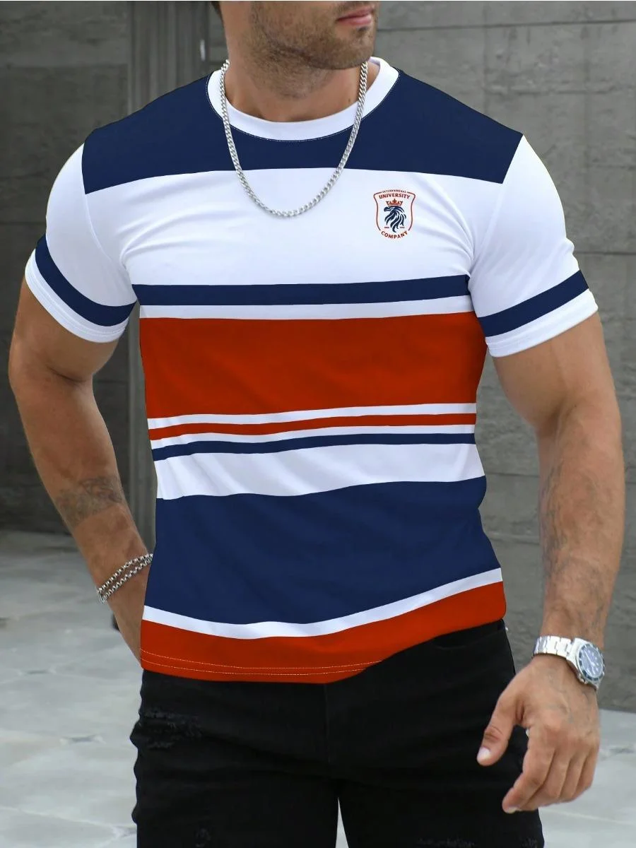 Men T-Shirt Navy White Red Horizontal Stripe Lion Shield Badge Logo Print Crew Neck Short Sleeve Casual Sport Tee