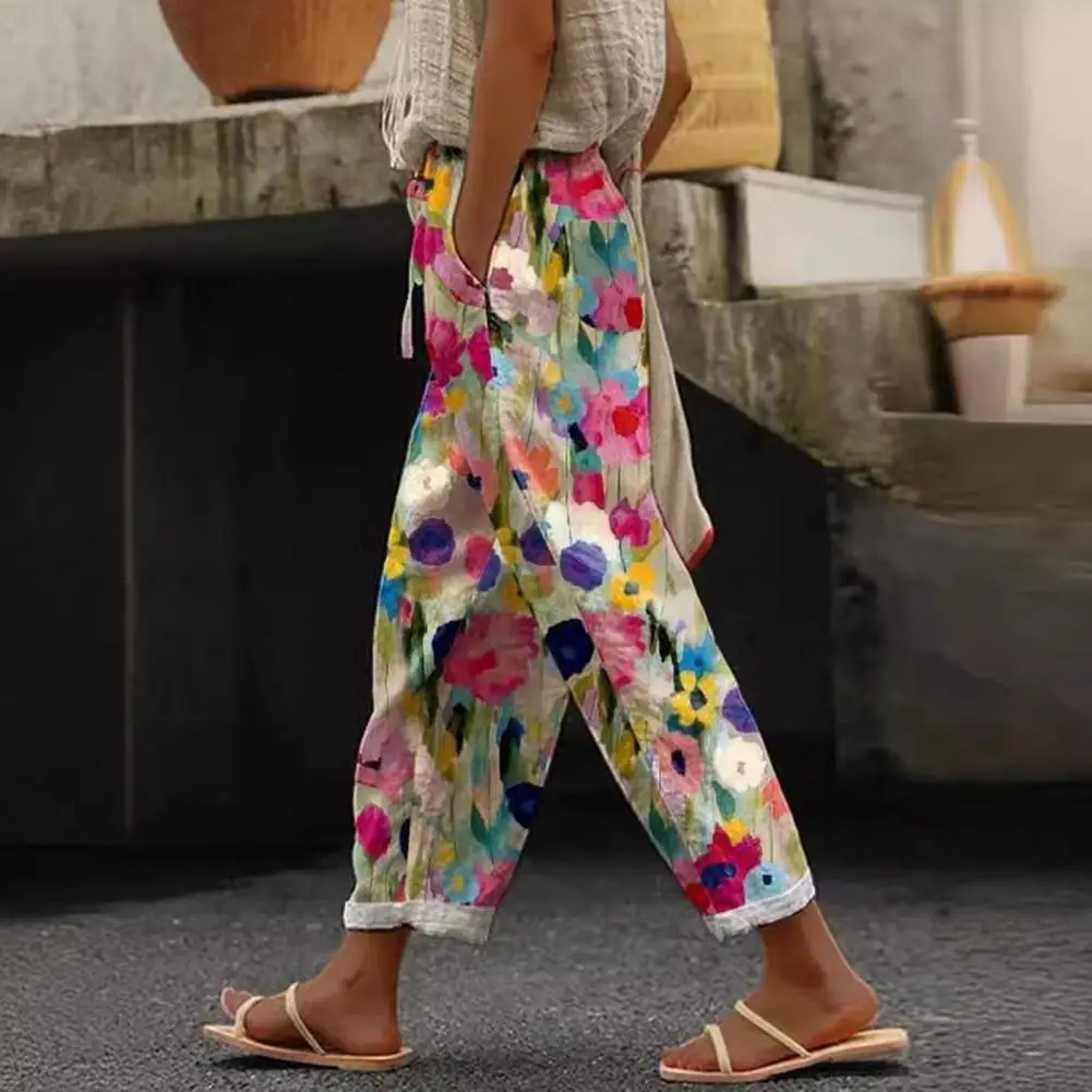 Summer Casual Thin Trousers Women Cotton Linen Floral Print Pockets Drawstring Pants Ladies Street Elastic Waist Pants