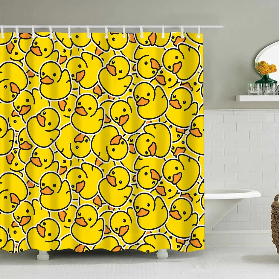 Duck Shower Curtain Cartoon Character Taking A Bath Colorful Drops Backdrop Dots,Cloth Fabric Bathroom Curtains with Hooks