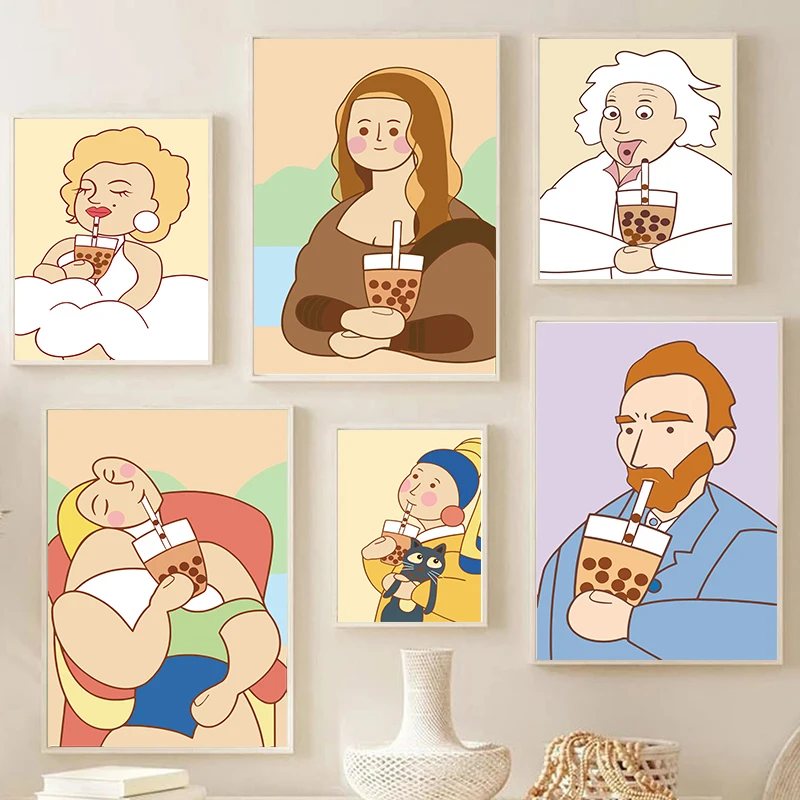 

Funny Mona Lisa Bubble Tea Famous Portrait Cartoon Painting Nordic Canvas Art Print Poster Picture Wall Living Room Home Decor