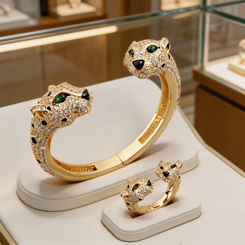 Vintage Fashion Style Ring Bracelet Women Lady Inlaid Full Cubic Zircon Black Patch Double Leopard Panther Party Jewelry Sets