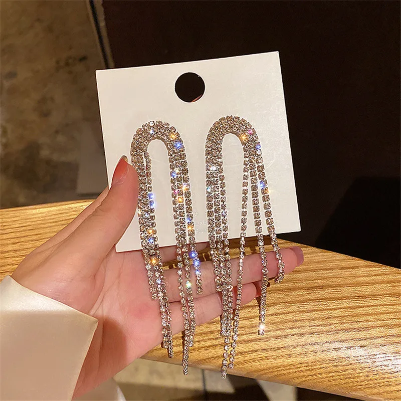 Long Tassel Rhinestone Drop Earrings For Women Shining Crystal Statement Dangle Earrings 2022 Fashion Wedding Jewelry Gift