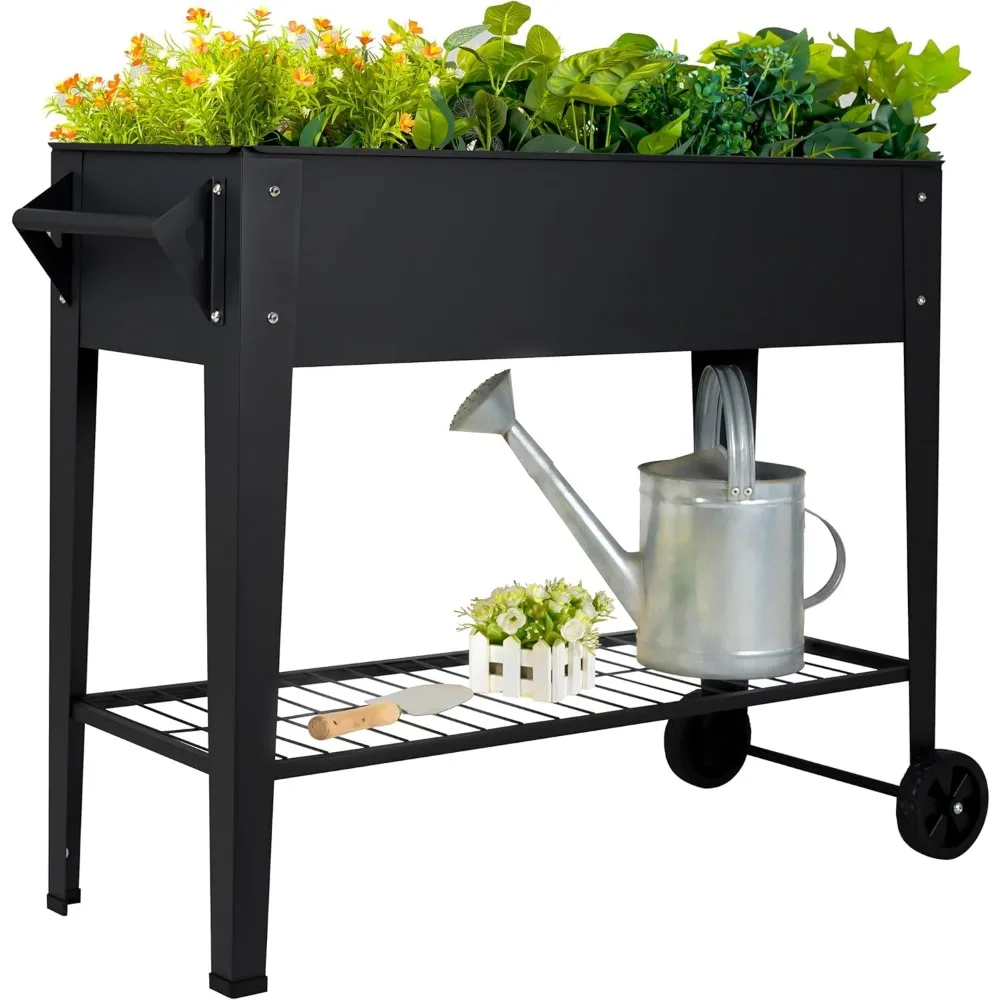 

32" Tall Raised Garden Bed with Wheels & Shelf, 400LBS Capacity, Anti-Rust Steel Planter for Vegetables Herbs Patio