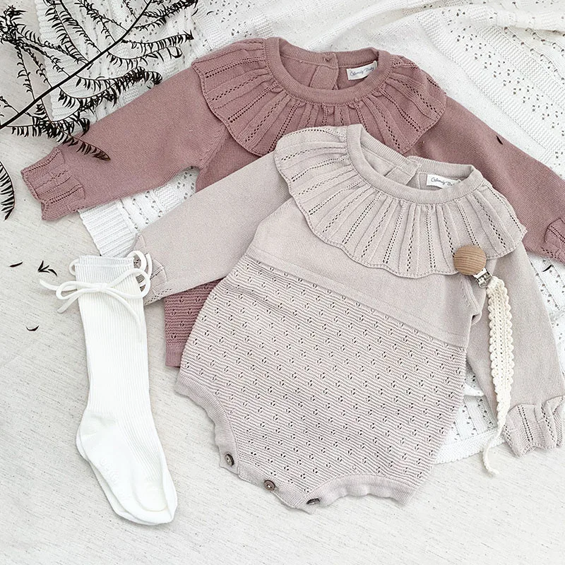 Newborn Baby Girls Long Sleeve Pure Color Knit Rompers Children Jumpsuit Autumn Infant Cute Kids Baby Girls Clothes Rompers