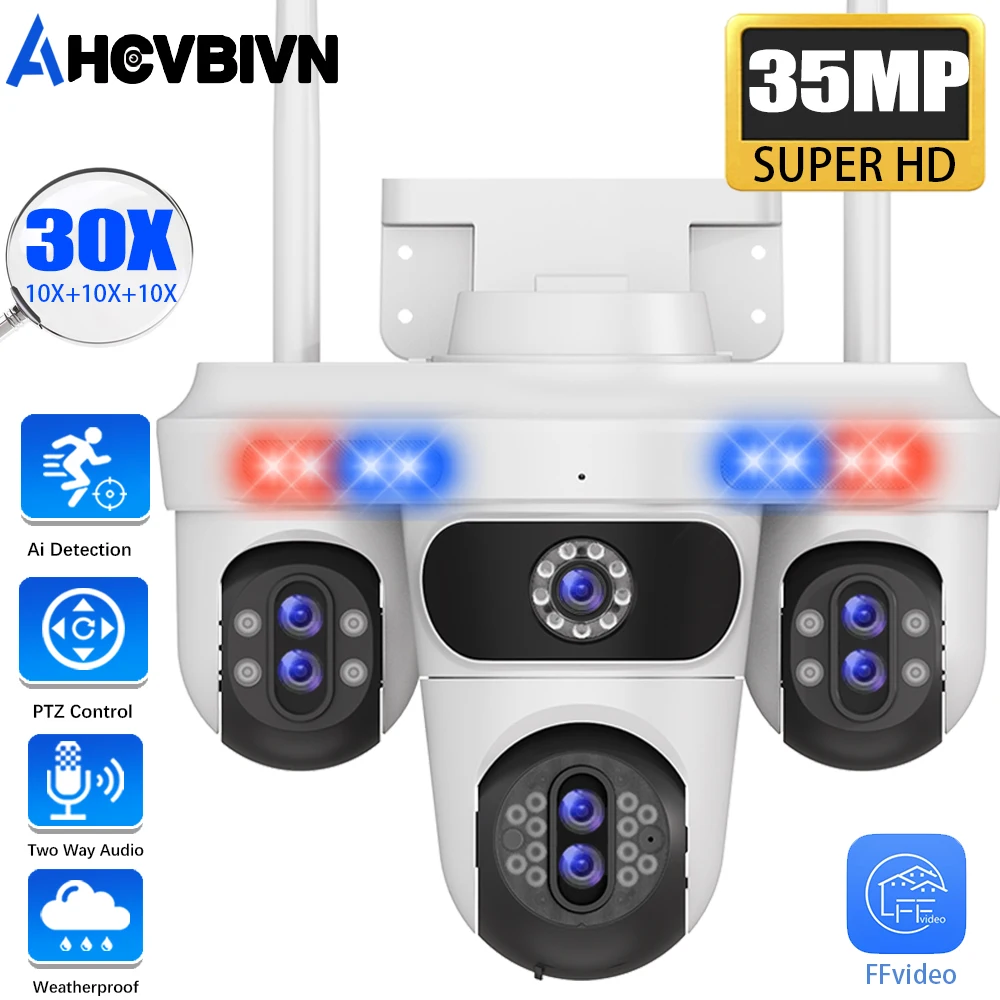 

18K 35MP Outdoor Pan/Tilt WiFi Security Camera 4 Screens 7 Lens 360° View Human Detecti Audio 30X PTZ Zoom 24/7 Recording