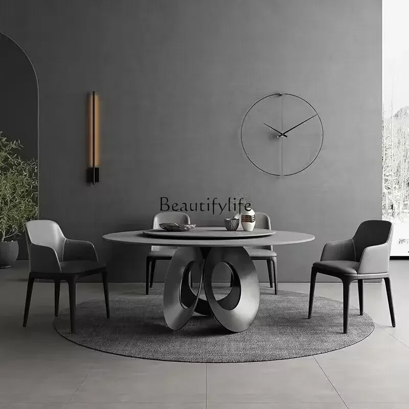 88. طاولة طعام مستديرة كبيرة من الرخام الفاخر الخفيف وحديثة وبسيطة وطاولة طعام مستديرة مع قرص دوار #3