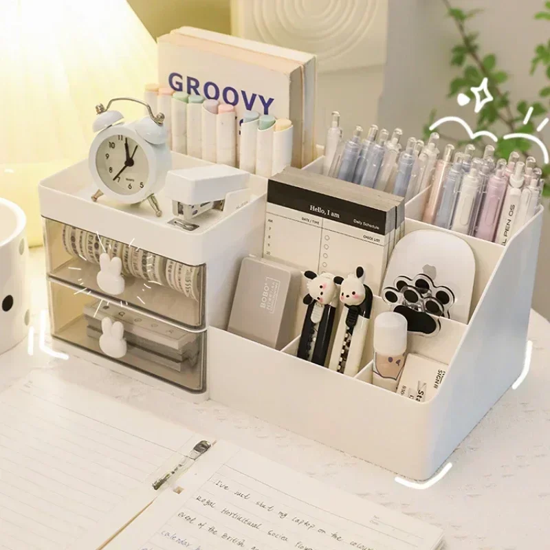 New Desktop Transparent Cosmetics Storage Box Desktop Organizer with Drawers Pen Holder Stationary Storage Rack for Office Desks