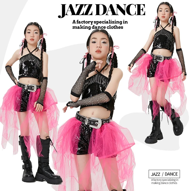 

Костюмы для джазовых танцев 2025 года для девочек: жилет с пайетками, розовая сетчатая юбка, комплект для показа мод, одежда для выступлений в стиле хип-хоп