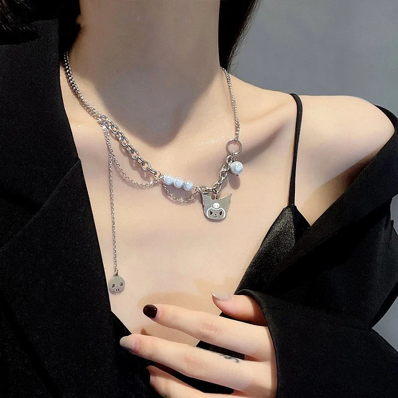 Sweet Cool Ins Kuromi Pendant Necklaces Fashion Women Pearl Necklace Paneled Link Chain Punk Jewelry Party Gift ﻿