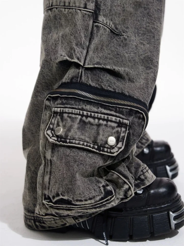 Trashy Y2K 2000S Streetwear Vintage Grey Baggy Pleated Cargo Jeans Spodnie Dla Kobiet Odzież Wiele Kieszeni Szerokie Nogawki Spodnie Damskie