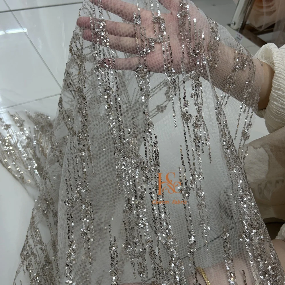 لامعة خطوط عمودية الدانتيل والتطريز الترتر الخياطة فستان الزفاف مساء فستان موضة فستان DIY بها بنفسك النسيج الزخرفية #2