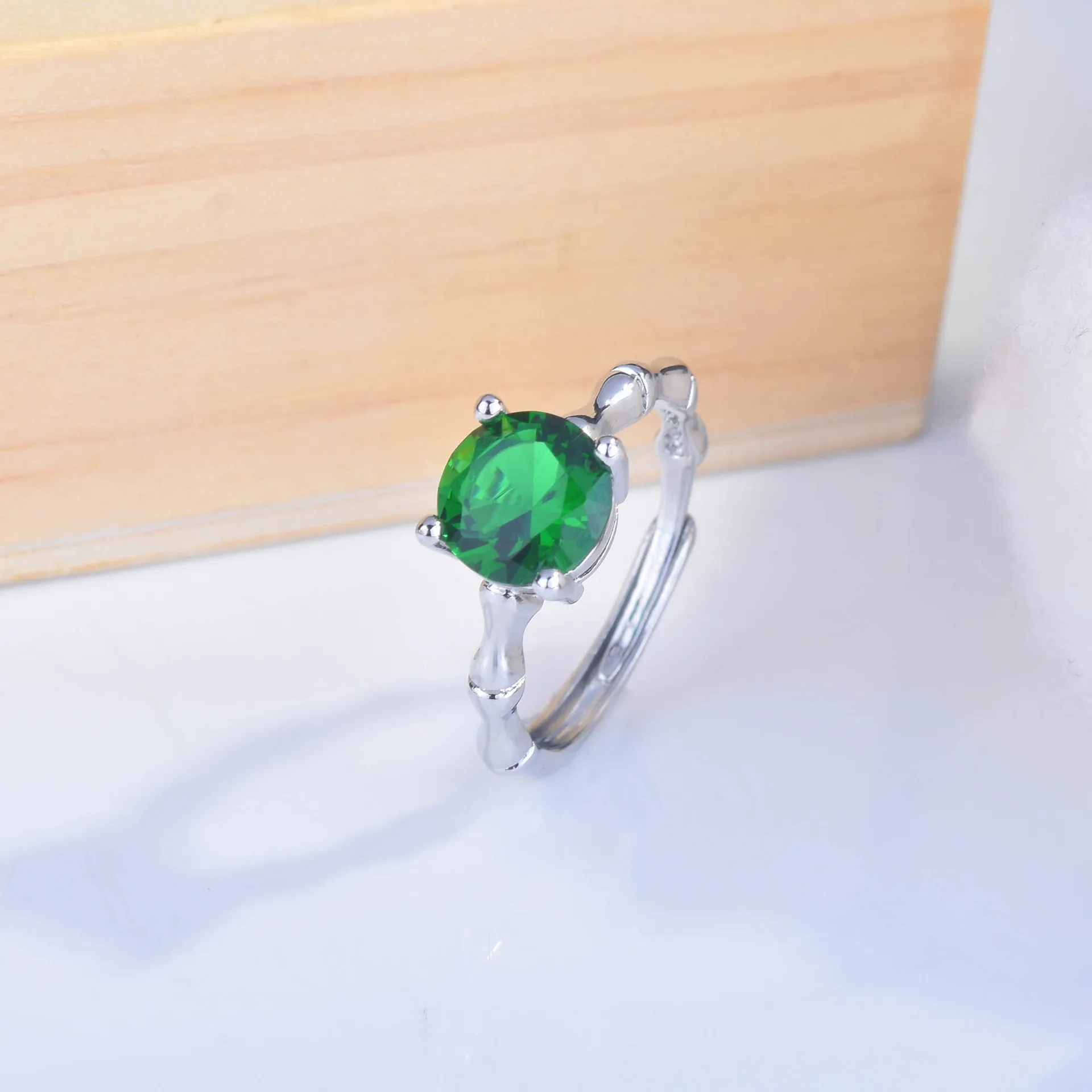 S925 Pure Silver Bamboo Themed Open Ring Women S Creative Colored Jewelry with Emerald Stone Stylish Adjustable Finger Accessory