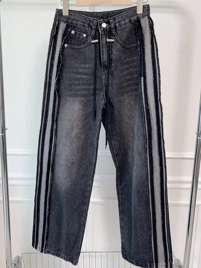 Frauen Retro Taille Patchwork Denim Jeans Seite Farbe Blo Dstring Taille Lose Gerade Bein Lange Hosen Straße Sle