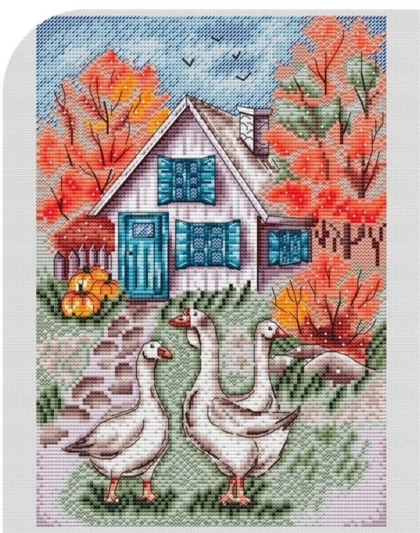 

Cross Stitch Kit for DIY Handmade Home Decor, Birds on a Teapot Bouquet, Fabric Cloth, Cotton -Goose in Farmhouse 28-36