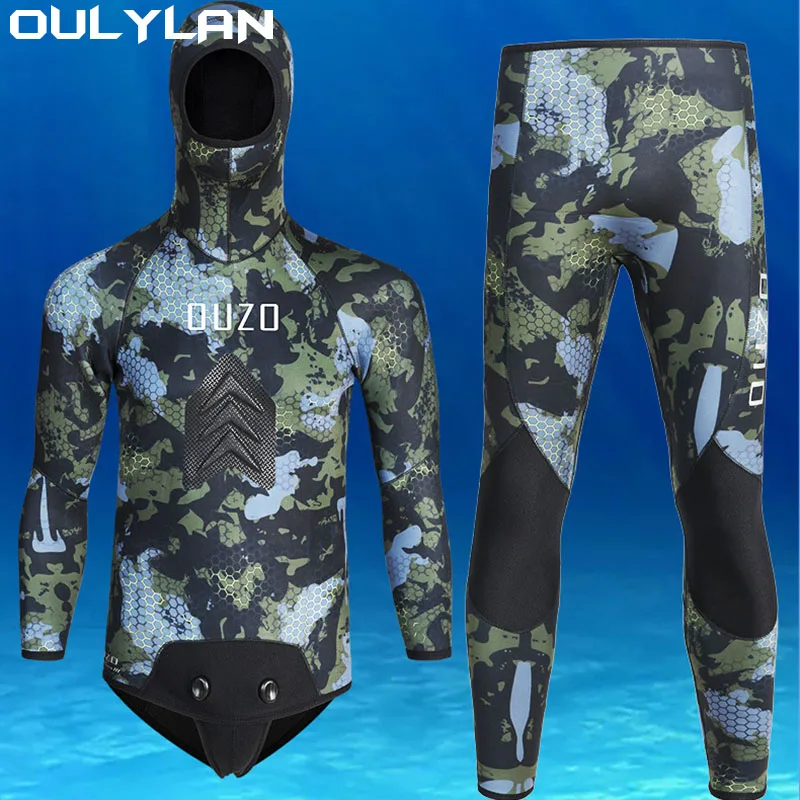 

Oulylan Men Keep Warm Scuba Diving Suit Camouflage Wetsuit 2 Pieces Of Neoprene Submersible 5MM Long Sleeve Fission Hooded