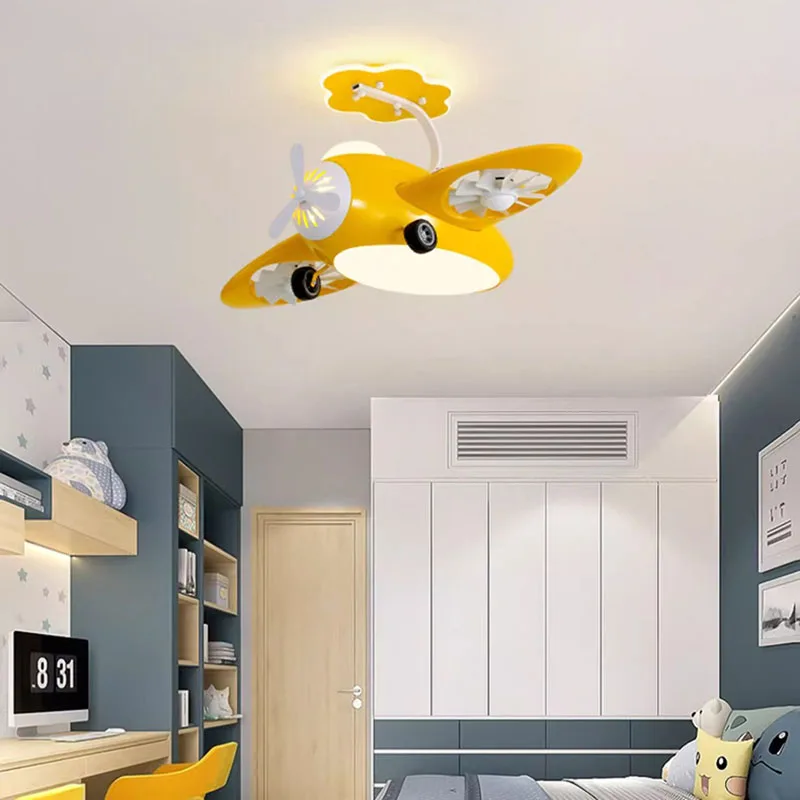 Lovely Ceiling Fan Light With LED Dimmable Plane Model Yellow Blue Pink Children Room Playground Dropshipping