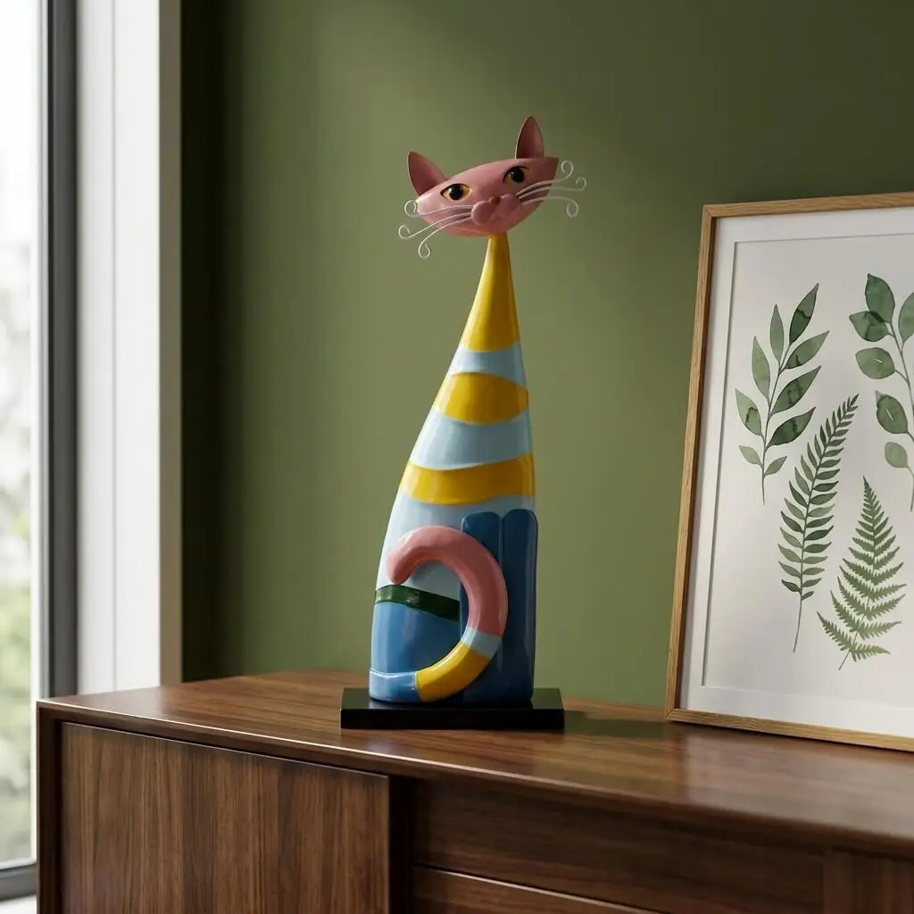 Colorful Striped Cat Figurine - Nordic Art Cat Resin Decorative Item - Cute Animal-shaped Decorative Piece