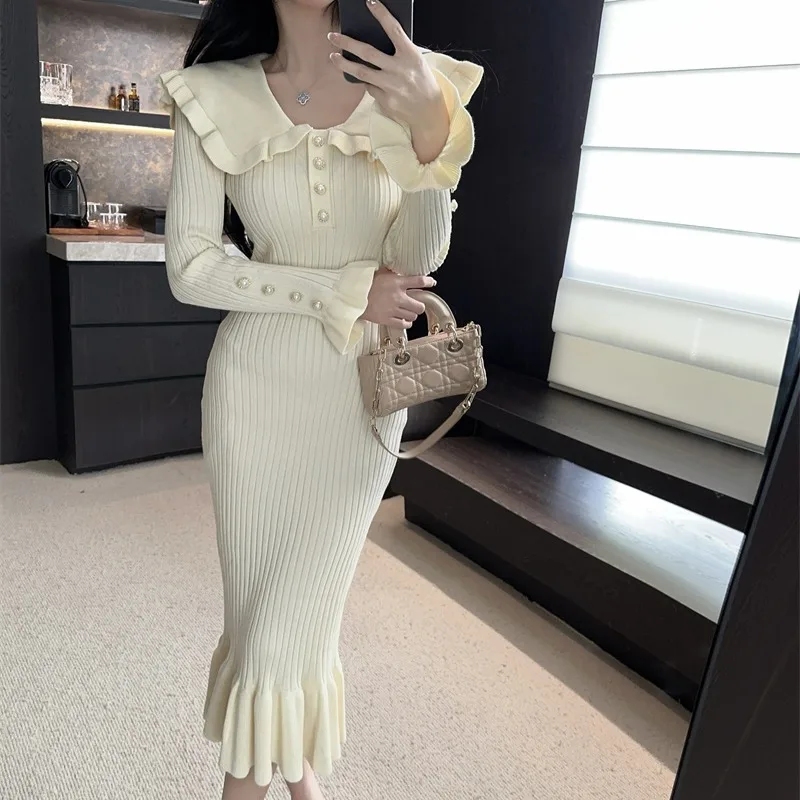 French Retro Contrast Color Peter Pan Collar Sweater Dress Women Slim Waist Thicken Ruffle Knit Dresses Female Korean Sweet Cute