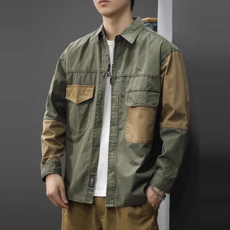 

Large Size Tooling Long-sleeved Shirt Man Spring and Autumn Design Sense Splicing Denim Coat for Men's Lapels Has Pocket Jackets