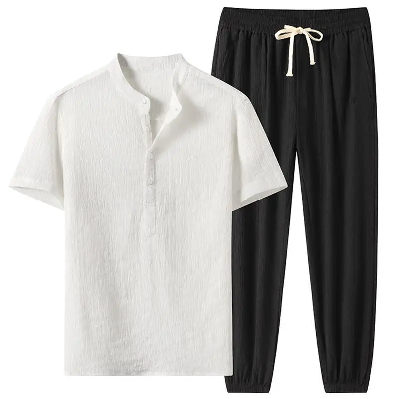 

Juspinice Solid Linen Short Sleeve Suit Men Summer O-neck T-shirts with Drawstring Trousers Lightweight Breathable Two-piece Set