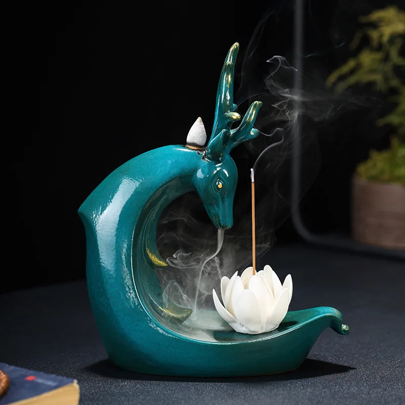 

Creative Ceramic Backflow Incense Line Incense Burner Accompanied By A Deer To Burn Incense Ornaments Waterfall Incense Holder