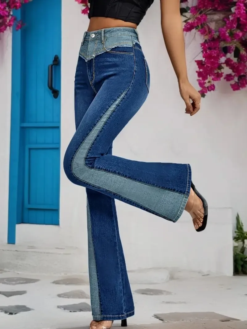 Vaqueros acampanados clásicos ajustados con bloques de color y empalme de tiro medio de calle sexy a la moda para mujer, corte en forma de V, lavables a máquina durante todo el año,