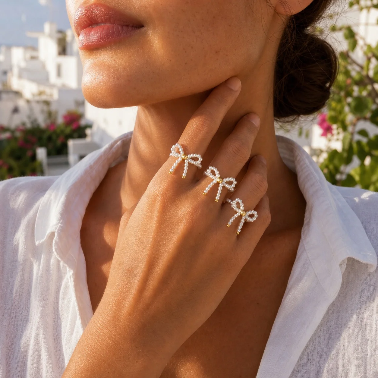 3pcs White Plastic Beaded Bow Ring with 18k Gold Plated Copper Detail Sweet Romantic Style for Women Summer Vacation Jewelry