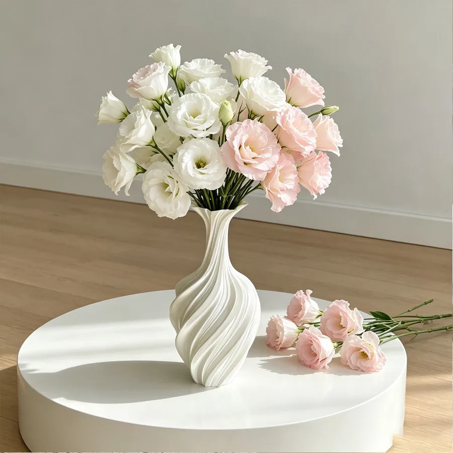Elegant white 3D printed vase, 9.8-inch silk-finish luxury vase, sculptural twisted design - perfect for flower arranging.