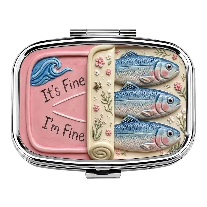 2 Compartments Metal Pill Box, It's Fine I'm Fine Sardine Print Portable Pocket Pill Case, Mini Travel Medicine Storage Contain