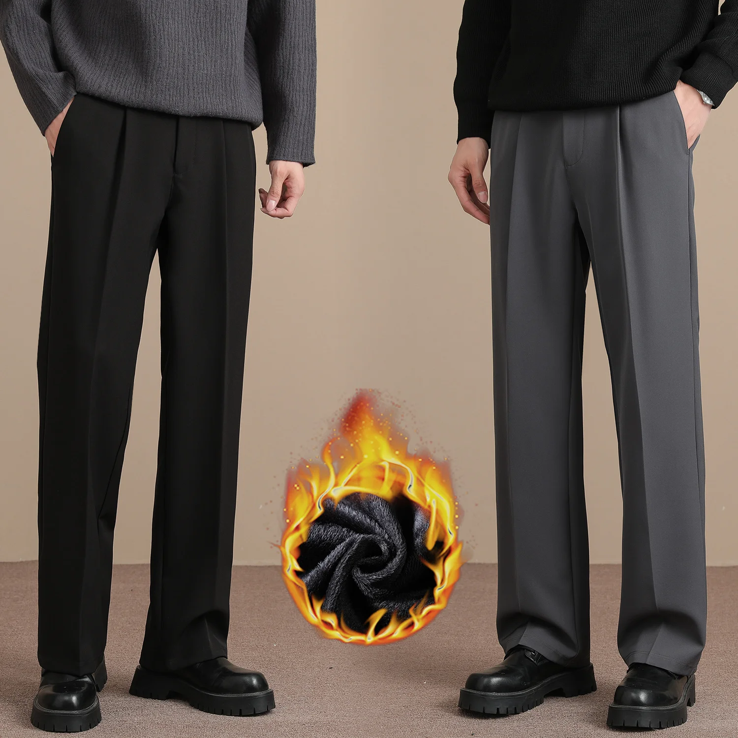 

OUSSYU Brand Winter Warm Fleece Casual Pants Men Business Elastic Waist Korean Style Black Grey Trousers Male Plus Size S-4XL