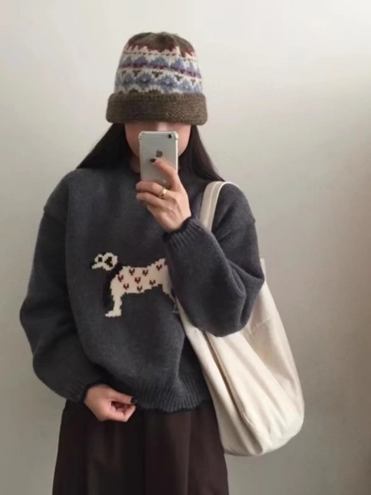 Koreaanse Sle Lazy Sle damestrui lente herfst los schattig borduurwerk cartoon top gebreid lang Sve rond Ne