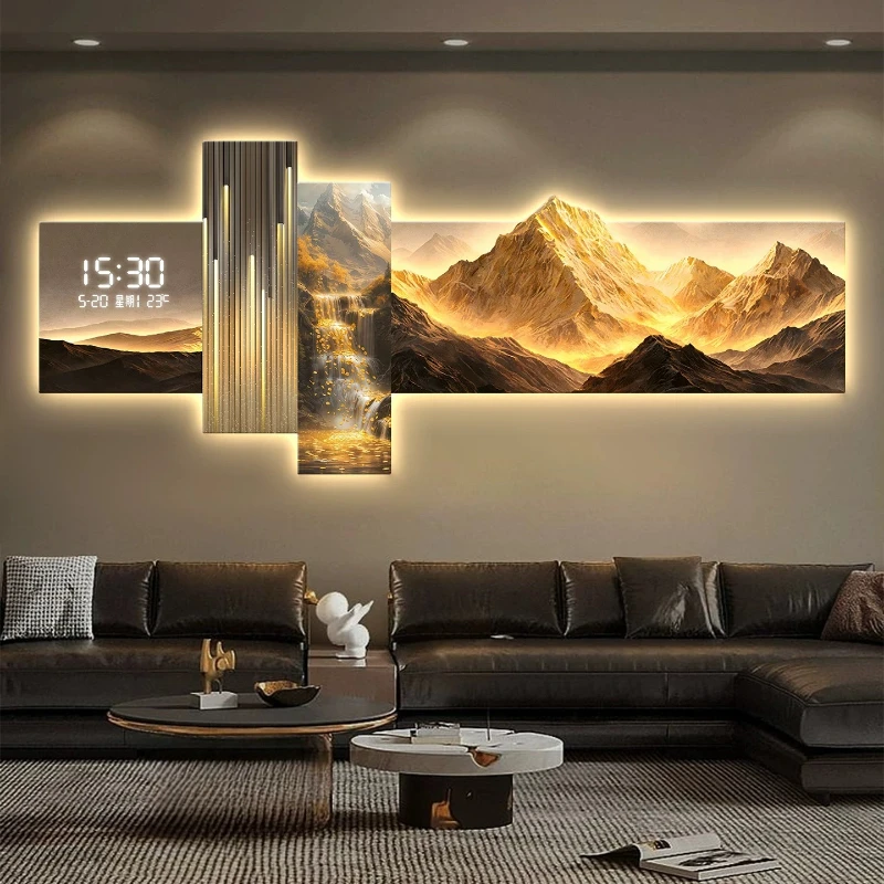 Modern LED Wall Clocks Living Room Mountain Water Wealth Decoration Painting Sofa Mural Lamp Electronic Clock Home Decor Watch