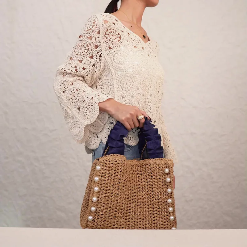 

Bohemian Ruched Handle Handbags Summer Woven Tote Bag Handmade Travel Beach Bag Small Shopper Pearls Straw Bags for Women