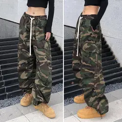 Camouflage Cargo Pants Women Streetwear Low Rise Jeans Retro Wide Leg Trousers Denim Straight Trousers Harajuku Pants 2024