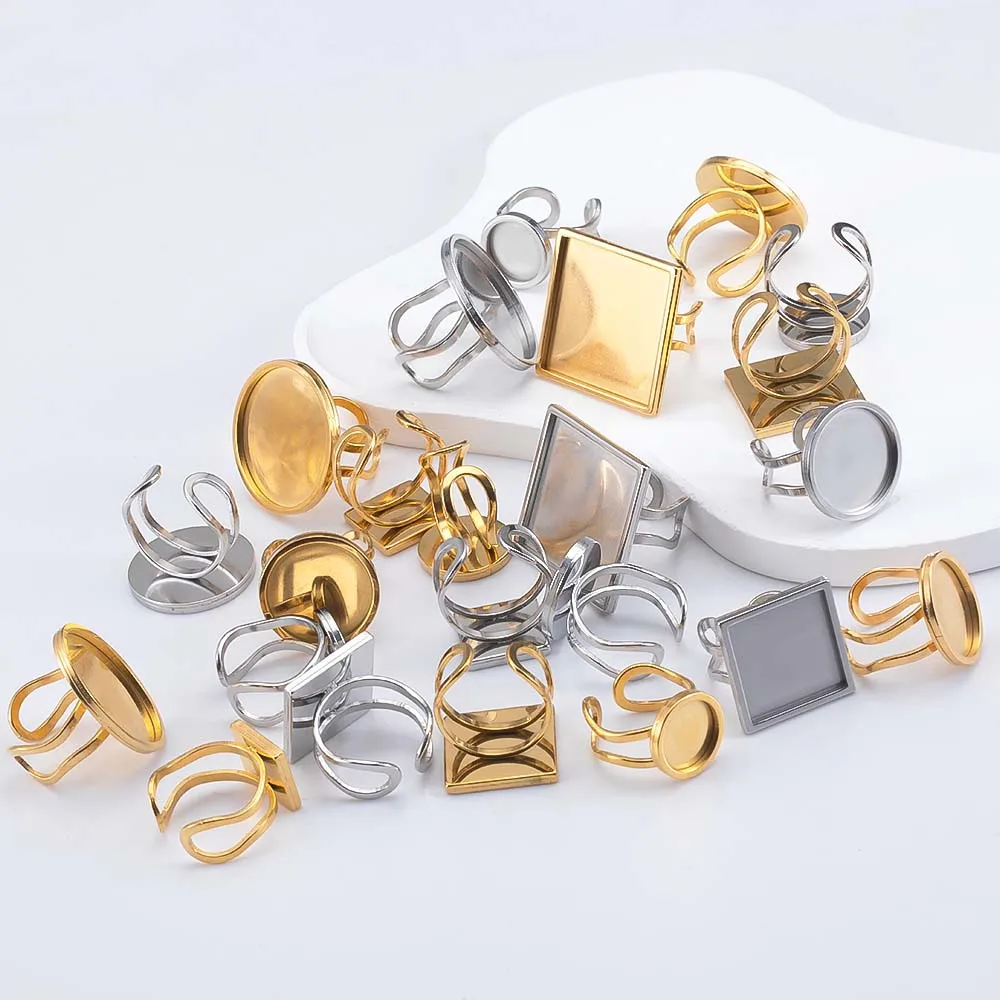 4pcs Stainless Steel Square Rectangle Blank Base Adjustable Rings Settings Round Oval Resin Cabochon Trayer Bezel Jewelry Making