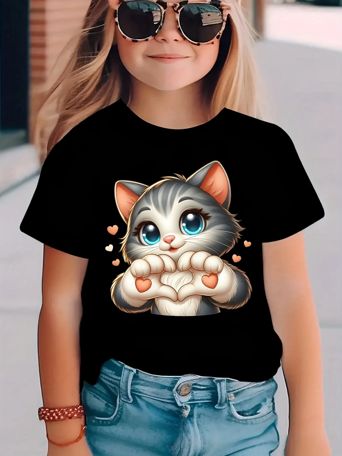 Lovely Grey Kitten Heart Family Matching Cotton T Shirts Short Sleeve Crew Neck Summer Tees For Mom Dad Boys Girls Daily Tops